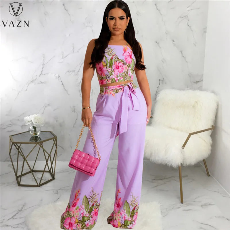 VAZN New 2023 Sleeveless Strapless Short Top Elastic Long Pants Printed Lady Two Piece Set Sexy Holiday Style Women Suit