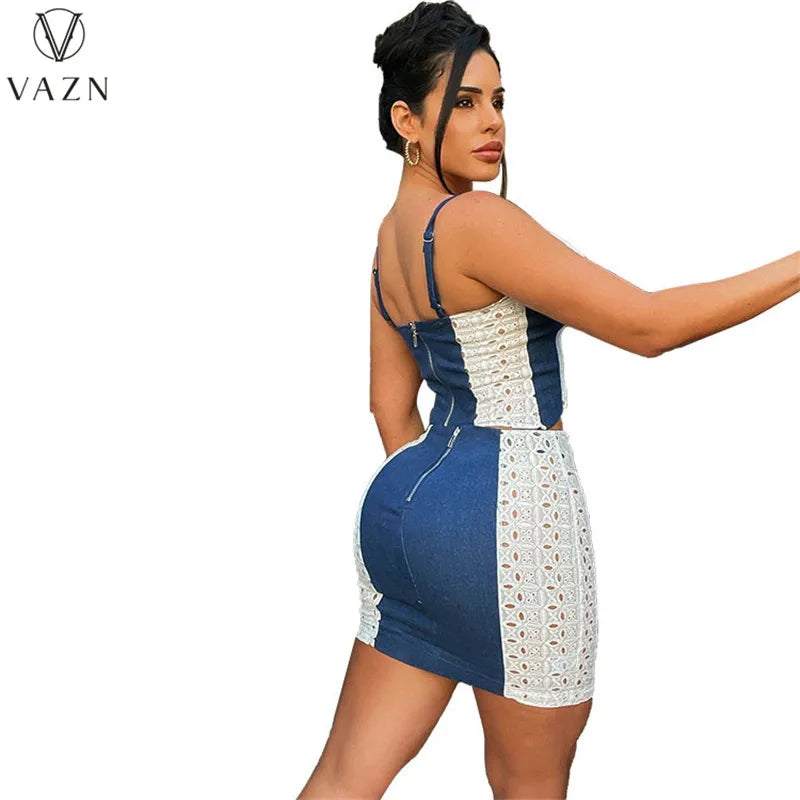 VAZN 2022 Sexy Street Style Women Suit Sleeveless Dew Waist Top Zipper Mini Short Skirt Stitching Color Two Piece Set