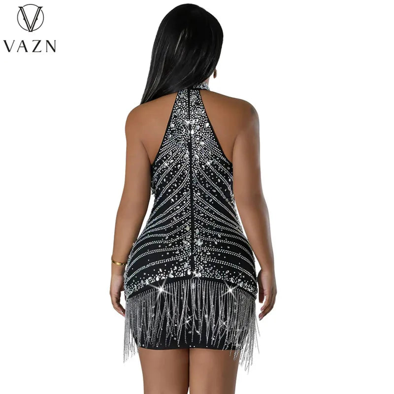 VAZN 2023 New Luxury Designer Solid Lace Sexy Club Hotsweet Diamonds Halter Off Shoulder Tassel High Waist Women Short Dress