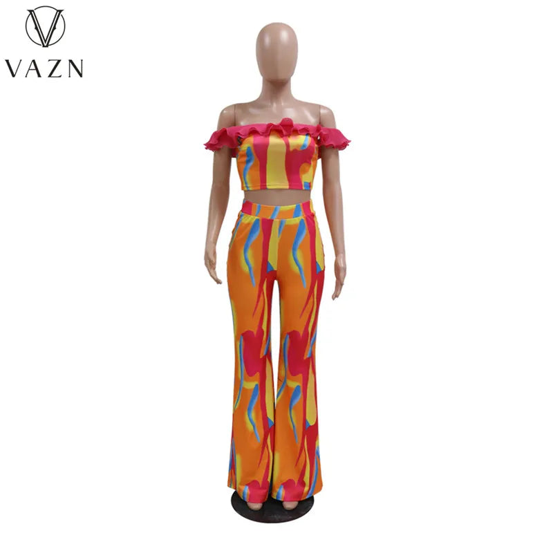 VAZN New 2023 Short Sleeve Card Shoulder Top Elastic Long Pants Printed Lady 2 Piece Set Fashion Casual Street Style Women Suit