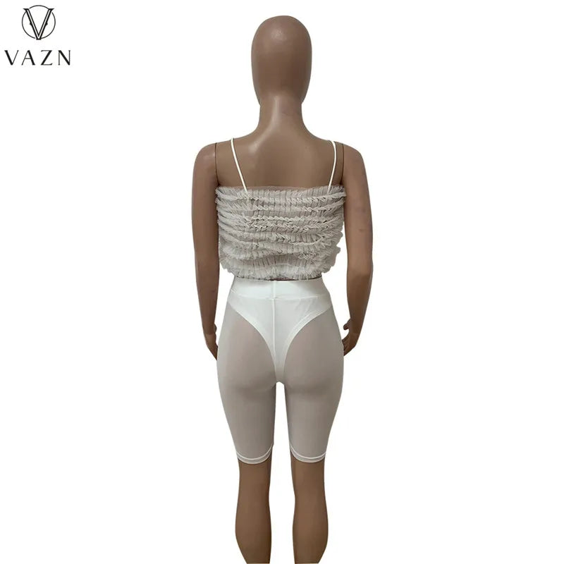 VAZN 2022 Sleeveless Dew Waist Top Elastic Short Pants Pure Color 2 Piece Set New Women Sexy Club Party Style Sets