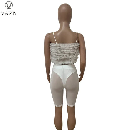 VAZN 2022 Sleeveless Dew Waist Top Elastic Short Pants Pure Color 2 Piece Set New Women Sexy Club Party Style Sets