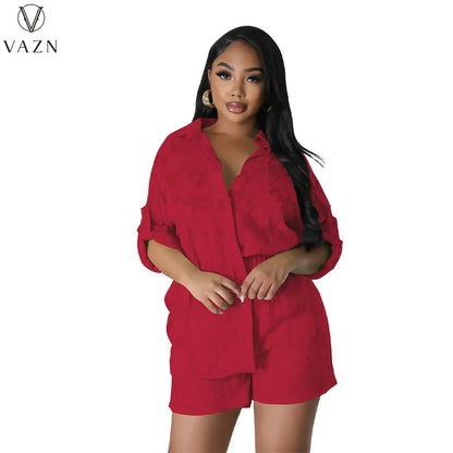 VAZN 2023 Street Casual Style Women Sets Long Sleeve Lapel Shirt Elastic Pockets Short Pants Lady Pure Color Lady Two Piece Set