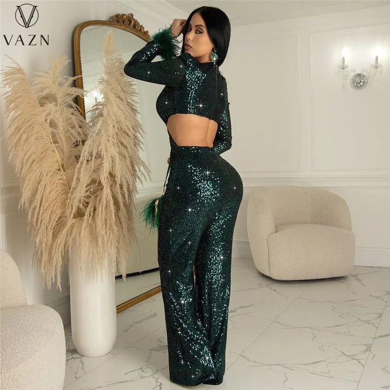 VAZN New 2023 Fashion Sexy Street Style Women Suit Long SleeveV Neck Short Top Elastic Long Pants Pure Color Two Piece Sets