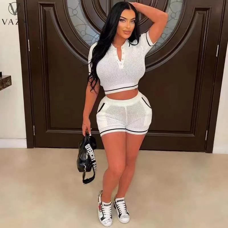 VAZN 2023 Sexy Girl Style Women Sets Short Sleeve Short Top Elastic Pockets Short Pants Lady Pure Color Lady Two Piece Set