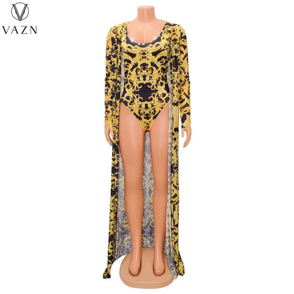 VAZN 2022 Fashion New Women Sexy Beach Style Sets Sleeveless Jumpsuits Short Pants Long Outwear Printed Two Piece Sets