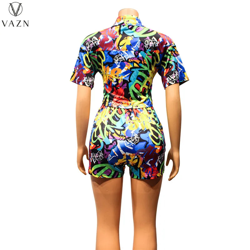 VAZN 2023 Sexy Girl Style Women Sets Short Sleeve Lapel Short Elastic Pockets Short Pants Lady Printed Lady 2 Piece Set