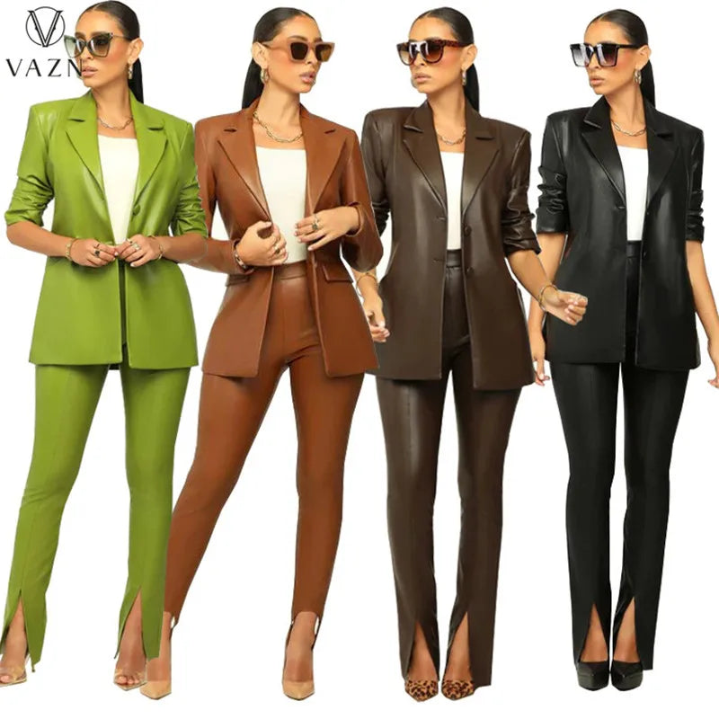 VAZN New 2022 Long Sleeve Lapel Outwear Top Elastic Long Pants Pure Color Lady 2 Piece Set Casual Street Style Women Suit