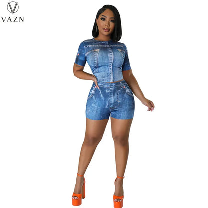 VAZN 2023 Street Casual Style Women Sets Short Sleeve Round Neck Short Top Elastic Short Pants Lady Printed Lady 2 Piece Set