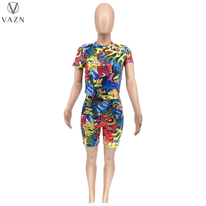 VAZN 2023 Street Casual Style Women Sets Short Sleeve Round Neck Top Elastic Short Pants Lady Printed Lady Two Piece Set