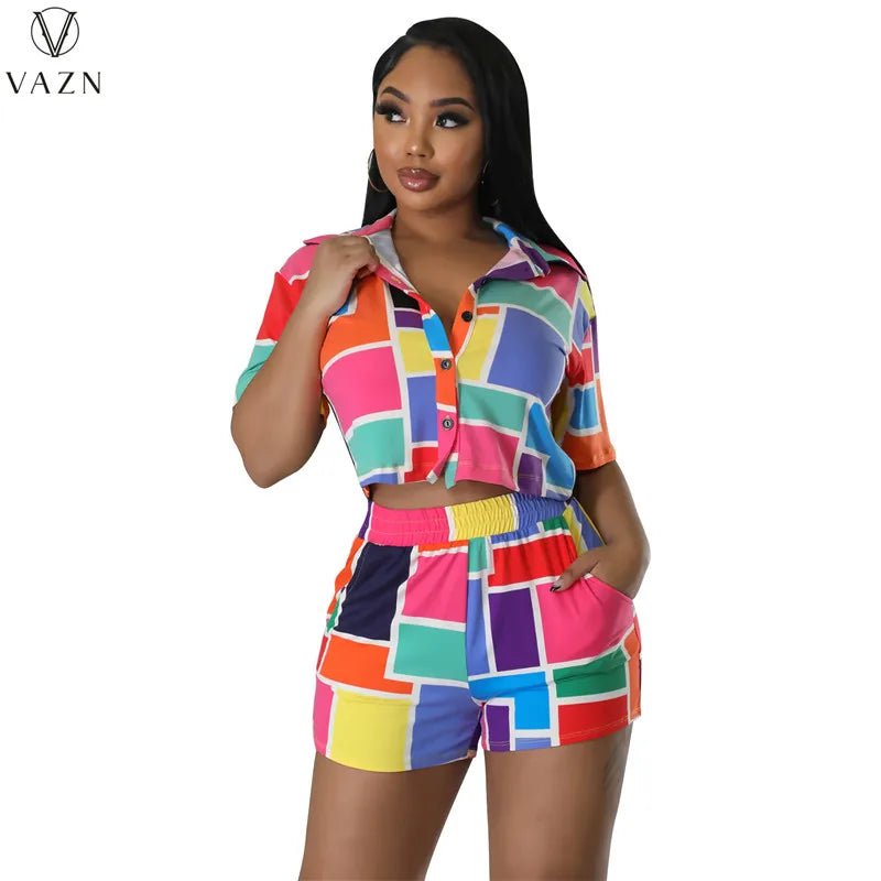 VAZN 2023 Sexy Girl Style Women Sets Short Sleeve Lapel Short Elastic Pockets Short Pants Lady Printed Lady 2 Piece Set