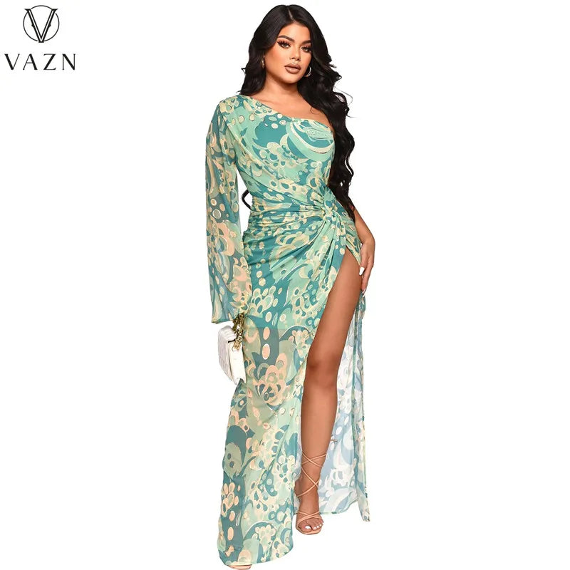 VAZN 2023  Top Quality Retro Print Young Sexy Club Chiffon Full Sleeve One Off Shoulder Women High Waist Long Spit Dress