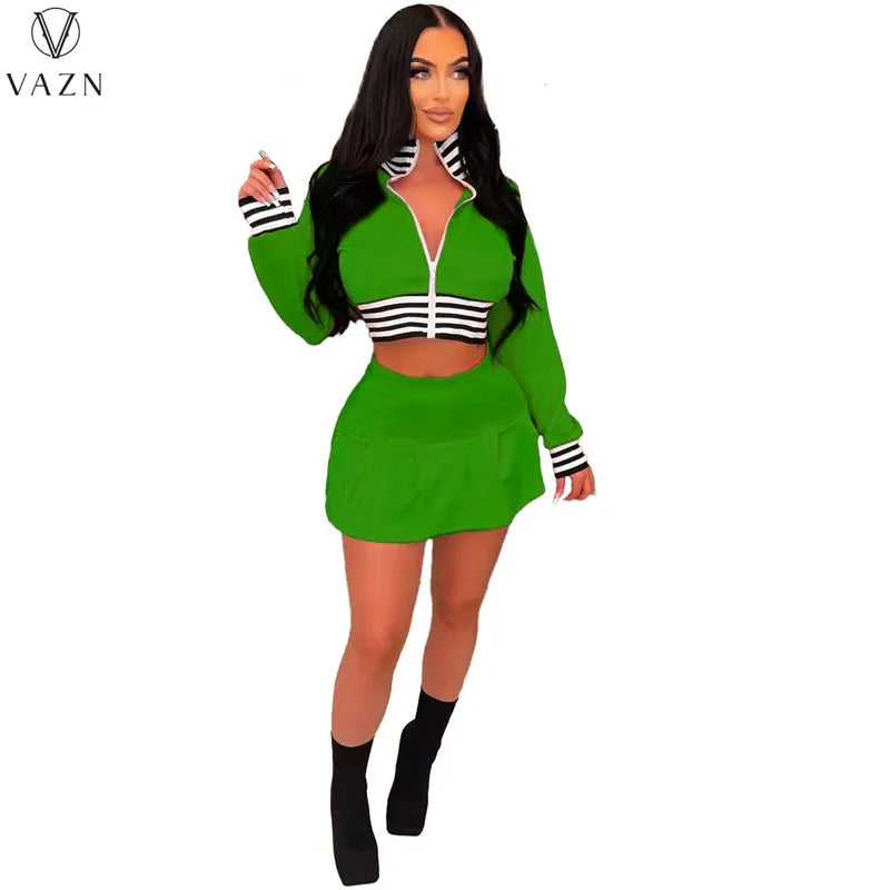 VAZN 2022 Fashin New Sexy Girl Style Women Suit Sleeveless Short Top Elastic Mini Short Dress Pure Color Two Piece Set