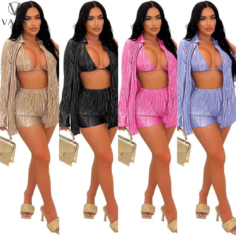 VAZN 2022 Long Sleeve Lapel Outwear Short Top Elastic Short Pants Pure Color 3 Piece Sets Fashion Street Casual Style Women Suit