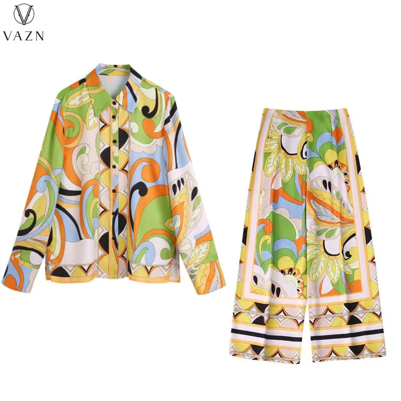 VAZN New 2022 Fashion Street Casual Style Women Suit Long Sleeve Lapel Shirt Elastic Long Pants Printed Two Piece Sets