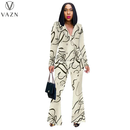 VAZN 2023 Autumn Latest Style Retro Print Office Lady Full Sleeve Suits Open Stitch +Long Boot Cut Pants Women 2 Piece Set