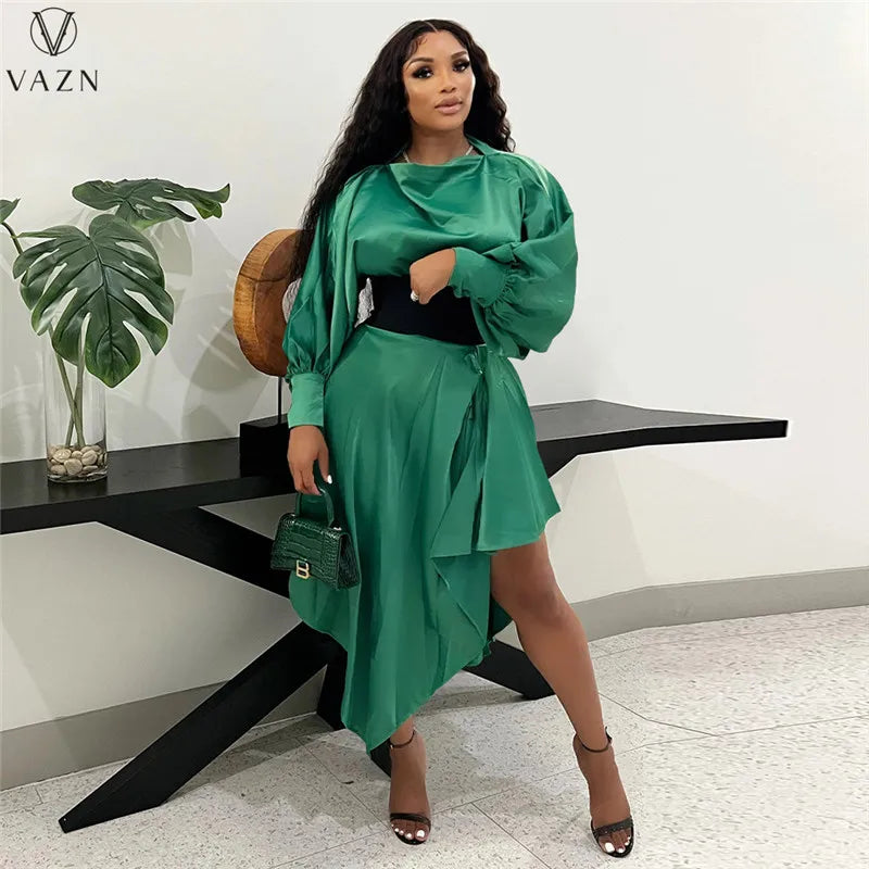 VAZN 2022 Fashion Street Girl Style Women Suit Long Sleeve Round Neck Top Elastic Mid Long Skirt Lady Pure Color 2 Piece Set