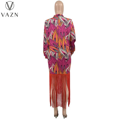 VAZN 2023 New Luxury Designer Young Retro Print Sexy Overalls Round Neck Full Sleeve Style Women Long Straight Tassel Dress