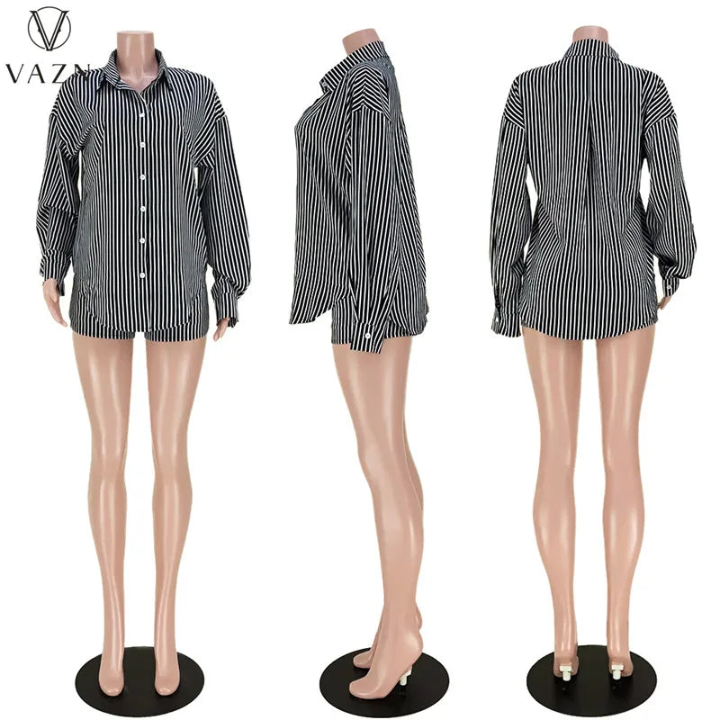 VAZN 2022 New Women Casual Street Style Sets Long Sleeve Lapel Single Breasted Shirt Elastic Short Pants Striped 2 Piece Set