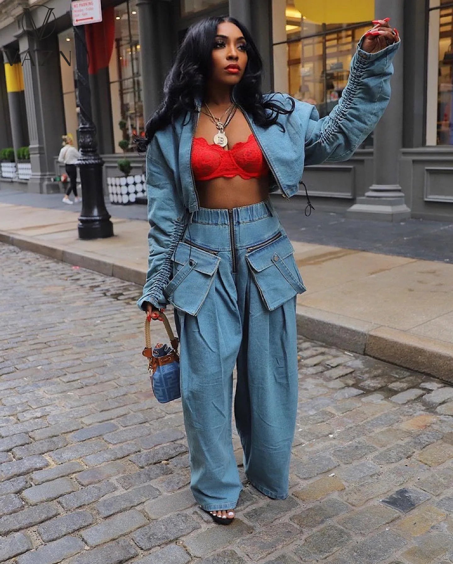 VAZN 2023 Hot Popular Denim Loose Set Solid Young Lazy High-end Full Sleeve Safari Style + Long Wide Leg Pants Women 2 Piece Set