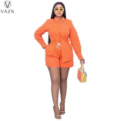 VAZN New 2022 Ladies Spring Fashion Street Girl Style Women Suit Long Sleeve Lapel Shirt Elastic Short Pants Pure Color Set