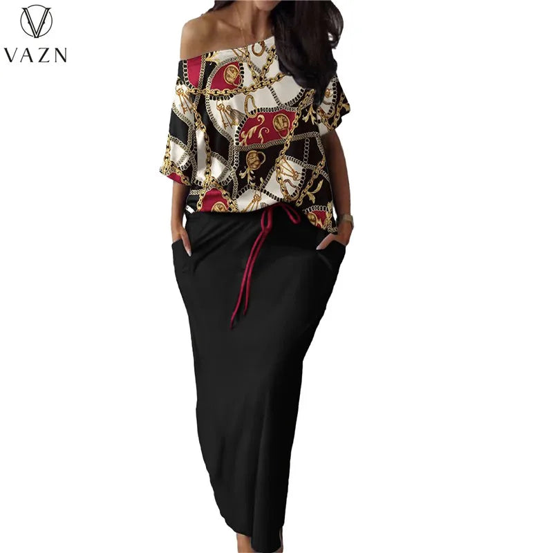 VAZN 2023 Hot Sale Street Girl Style Women Sets Short Sleeve Card Shoulder Top Elastic Floor Length Skirt Lady Printed Two Piece