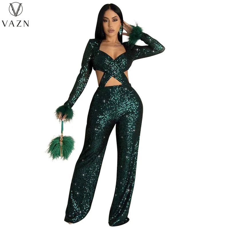 VAZN New 2023 Fashion Sexy Street Style Women Suit Long SleeveV Neck Short Top Elastic Long Pants Pure Color Two Piece Sets