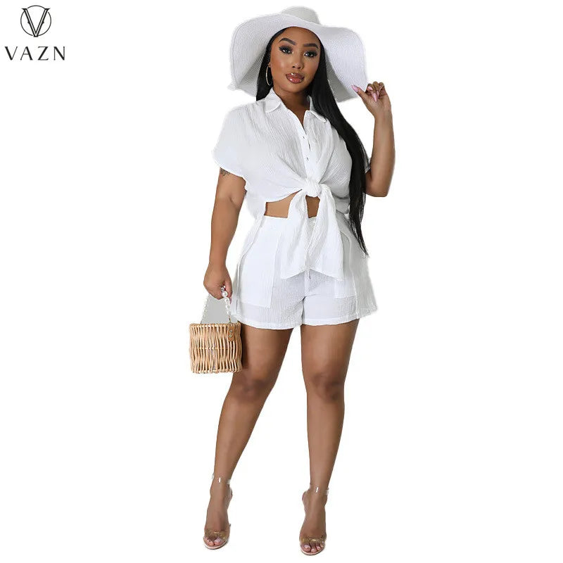 VAZN 2023 Hot Sale Street Casual Style Women Sets Short Sleeve Lapel Top  Elastic Short Pants Lady Pure Color Two Piece Set