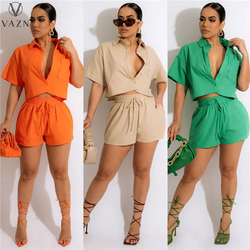 VAZN New 2022 Fashion Street Casual Style Women Suit Short Sleeve Lapel Top Elastic Pockets Short Pants Pure Color Two Piece Set