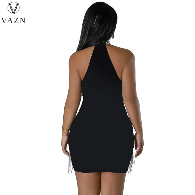 VAZN 2023 New Luxury Designer Solid Young Sexy Club Hotsweet Diamonds Halter Off Shoulder Tassel High Waist Women Short Dress