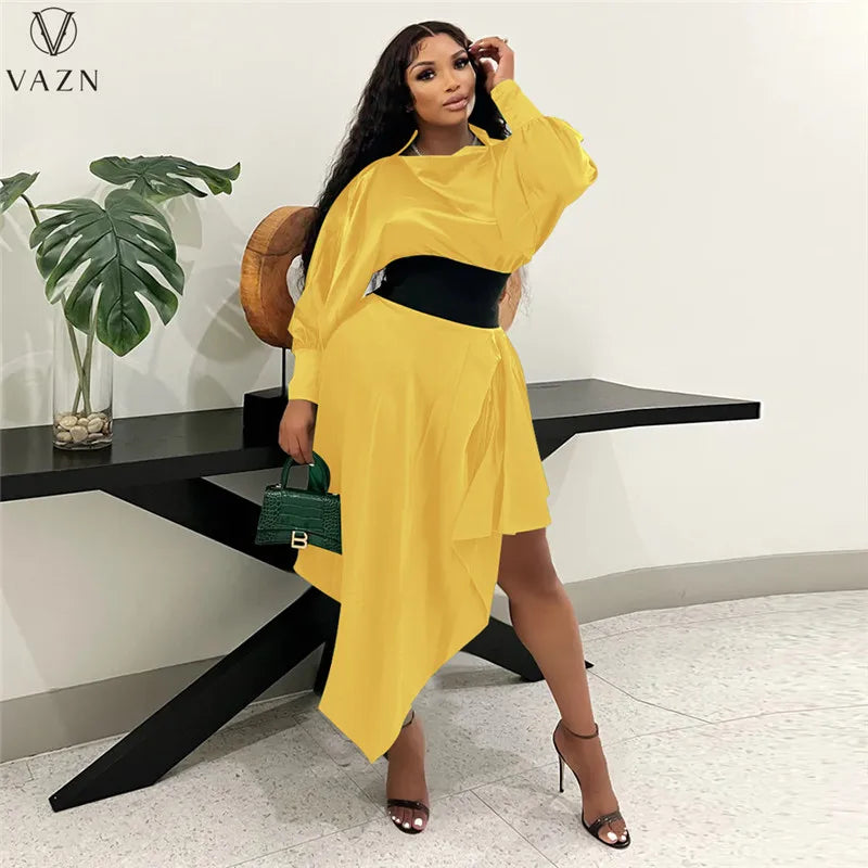 VAZN 2022 Fashion Street Girl Style Women Suit Long Sleeve Round Neck Top Elastic Mid Long Skirt Lady Pure Color 2 Piece Set