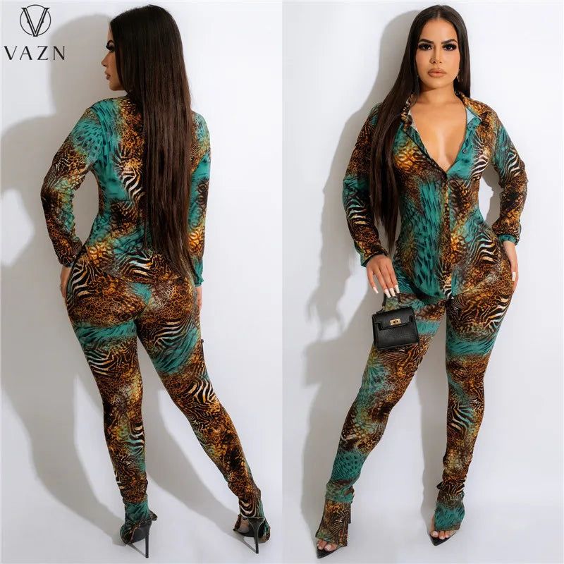 VAZN New 2022 Fashion Casual Street Style Women Suit Long Sleeve Lapel Shirt Elastic Long Pants Printed Two Piece Set