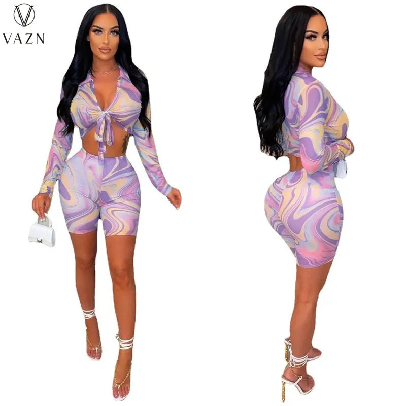 VAZN 2022 Women Sexy Holiday Style Sets Long Sleeve Lapel Short Top Elastic Short Pants Printed Lady Two Piece Set