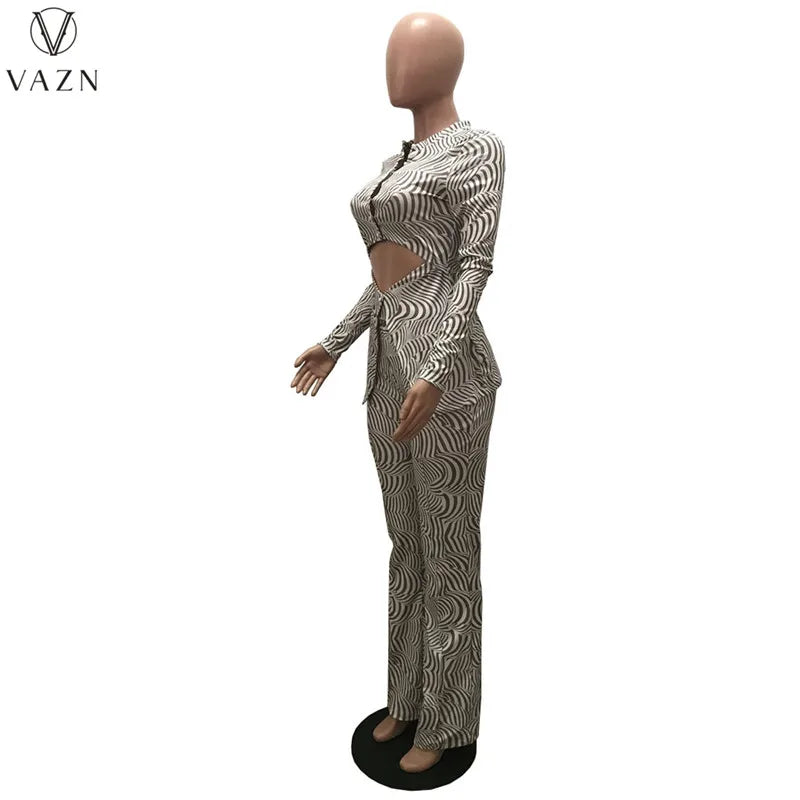 VAZN New 2022 Fashion Casual Street Style Women Suit Long Sleeve Hollow Out Top Elastic Long Pants Printed Lady Two Piece Set