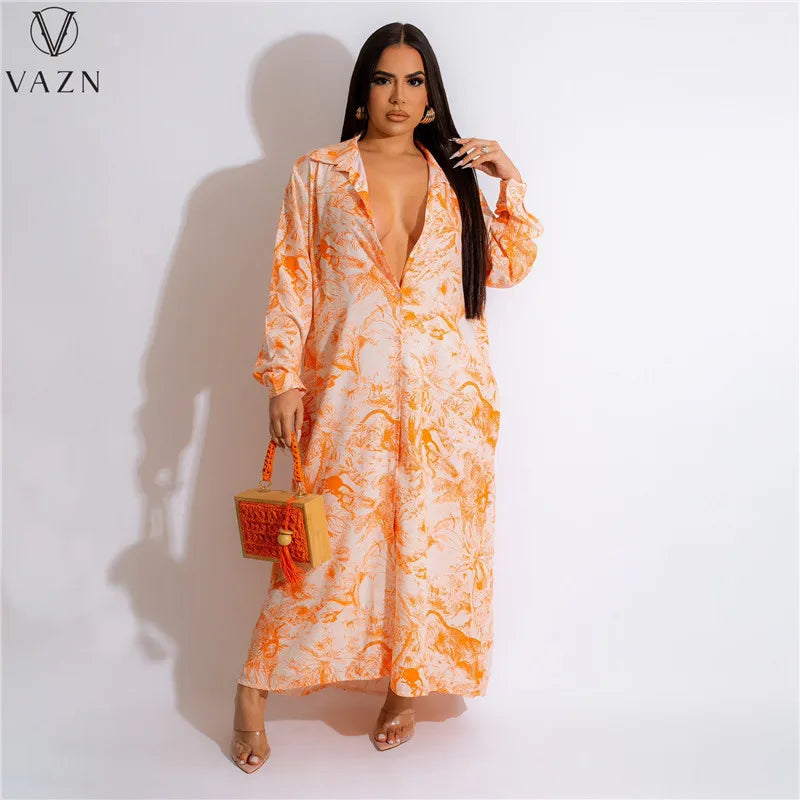 VAZN 2023 Printed Lady Long Dresses Hot Sale Long Sleeve Lapel Dress Street Causal Style Women Floor Length Shirt Dress