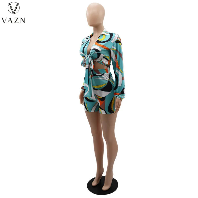 VAZN 2023 New Street Casual Style Women Sets Long Sleeve Lapel Top Elastic Short Pants Lady Printed Lady Two Piece Set