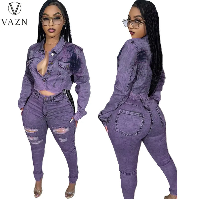 VAZN 2023 Autumn Winter High-end Denim Set Retro Casual Full Sleeve + Long Hollow Out Pencil Skinny Pants Women 2 Piece Set