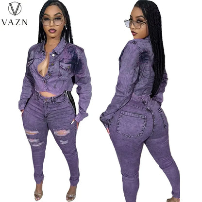 VAZN 2023 Autumn Winter High-end Denim Set Retro Casual Full Sleeve + Long Hollow Out Pencil Skinny Pants Women 2 Piece Set