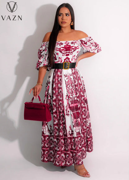 VAZN 2023 Hot Sale Women New High Street Style Long Dress Short Sleeve Card Shoulder Dress Printed Lady Floor Length Dress