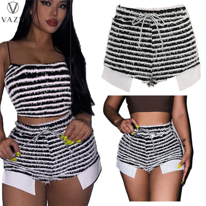 VAZN 2023 Sexy Street Style Women Sets Sleeveless Strapless Top Elastic Short Pants Lady Striped Lady Two Piece Set