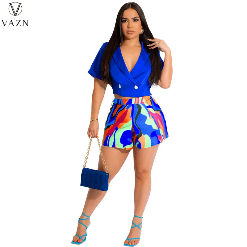 VAZN 2023 Street Casual Style Women Sets Short Sleeve Lapel Short Top Short Pants Lady Printed Lady Two Piece Set