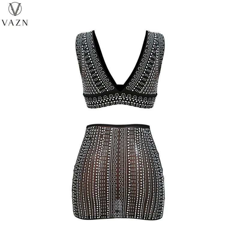 VAZN 2022 Hot Sale Sexy Club Party Style Women Sets Sleeveless V Neck Short Top Elastic Mini Short Skirt Lady Two Piece Set