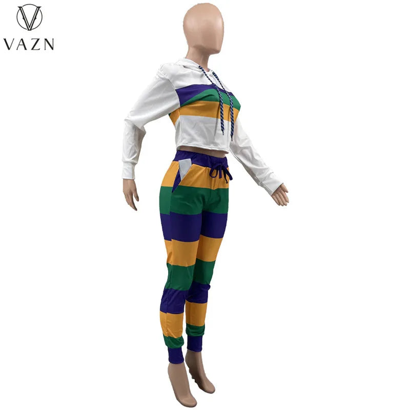 VAZN 2023 Hot Sales Striped Young Casual Suitable Tracksuits Free Hooded Full Sleeve +Long Pencil Pants Women 2 Piece Set