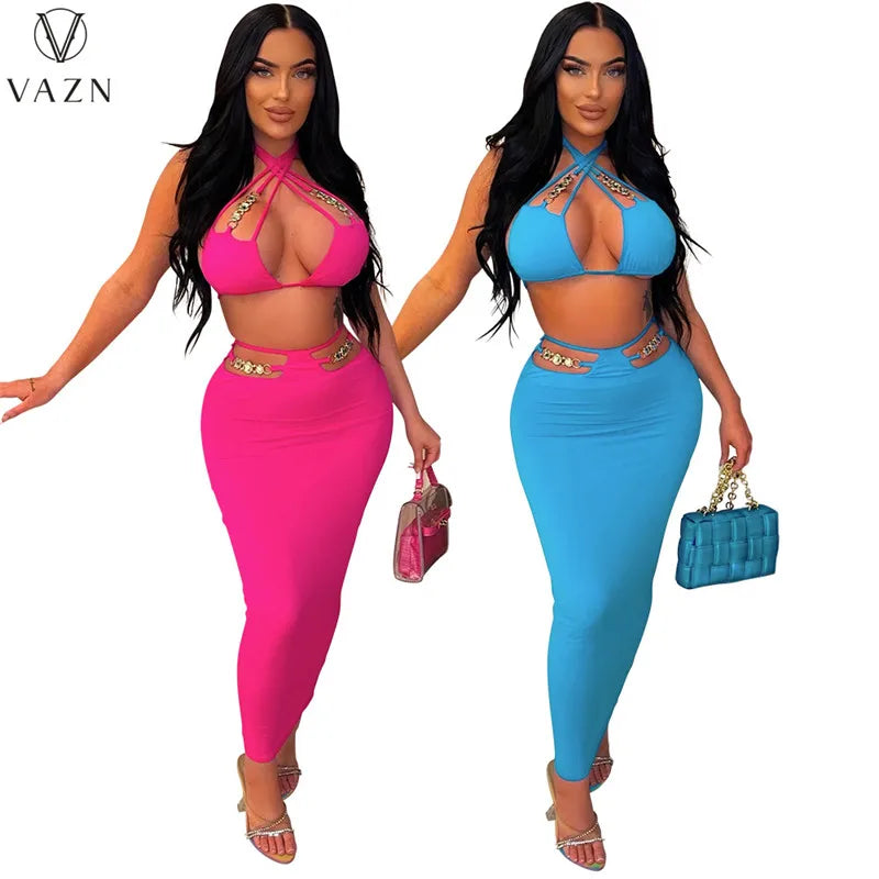 VAZN 2023 Hot Sale Sexy Street Style Women Sets Sleeveless Deep V Short Top Elastic Floor Length Skirt Pure Color Lady Sets