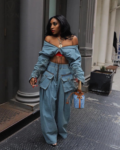 VAZN 2023 Hot Popular Denim Loose Set Solid Young Lazy High-end Full Sleeve Safari Style + Long Wide Leg Pants Women 2 Piece Set