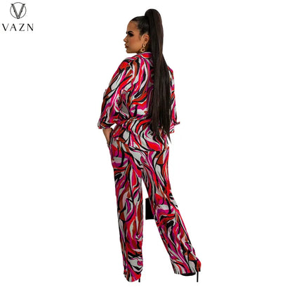 VAZN New 2022 Long Sleeve Lapel Shirt Elastic Long Pants Printed Lady 2 Piece Set Casual Street Style Women Suit