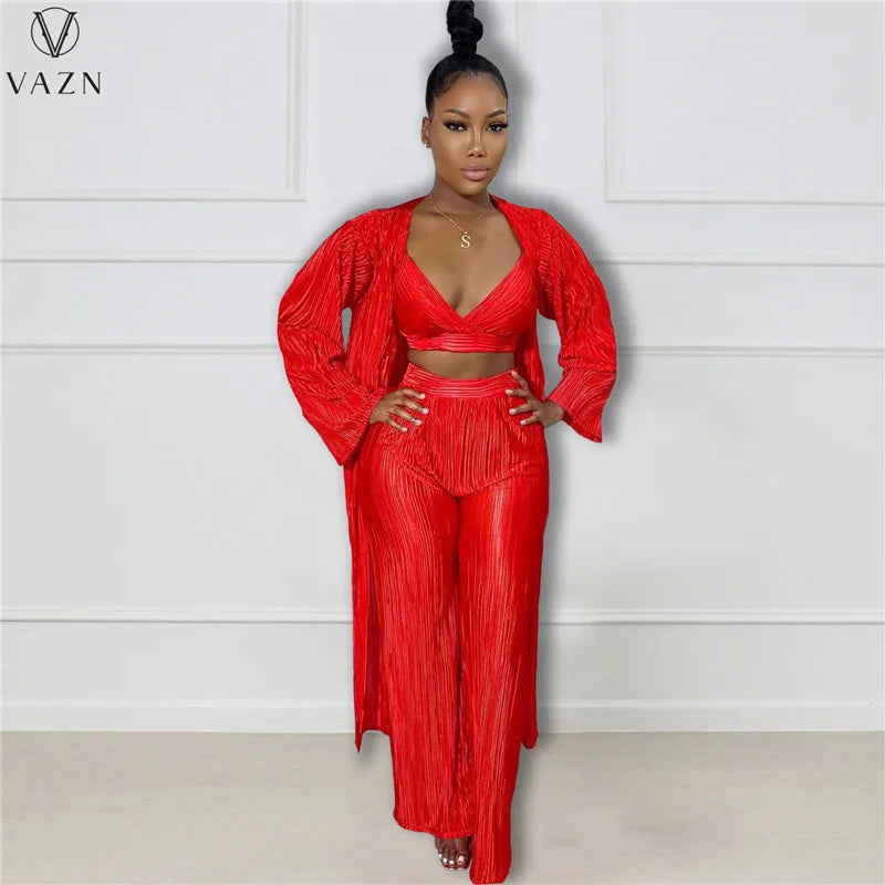 VAZN New 2022 Fashion Casual Street Style Women Suit Long Sleeve Outwear Short Vest Long Pants Pure Color 3 Piece Set