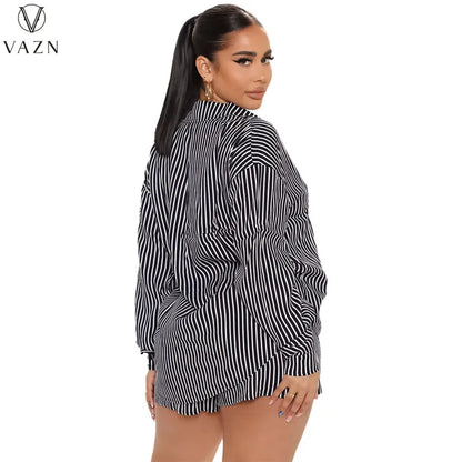 VAZN 2022 New Women Casual Street Style Sets Long Sleeve Lapel Single Breasted Shirt Elastic Short Pants Striped 2 Piece Set