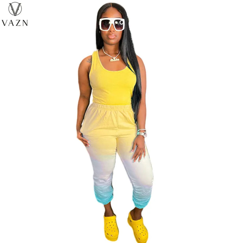 VAZN New 2022 Casual Movement Style Women Suit Sleeveless Round Neck Top Elastic Long Pants Pure Color Two Piece Set