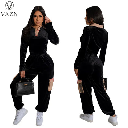 VAZN 2023 Autumn Winter Black Suede Set Causal Young Overalls Tracksuits Full Sleeve + Long Cross Pants Slim Women 2 Piece Set